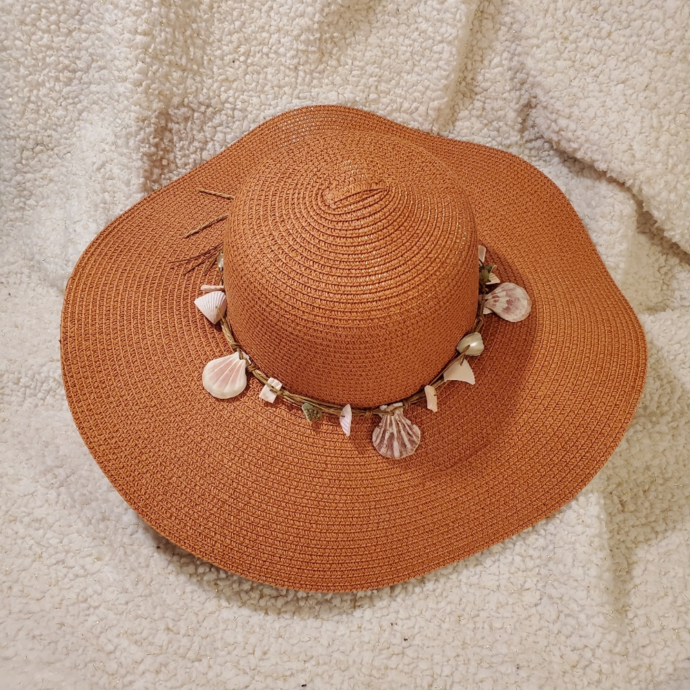 Tan Wide-Brimmed Hat with Shell Accents
